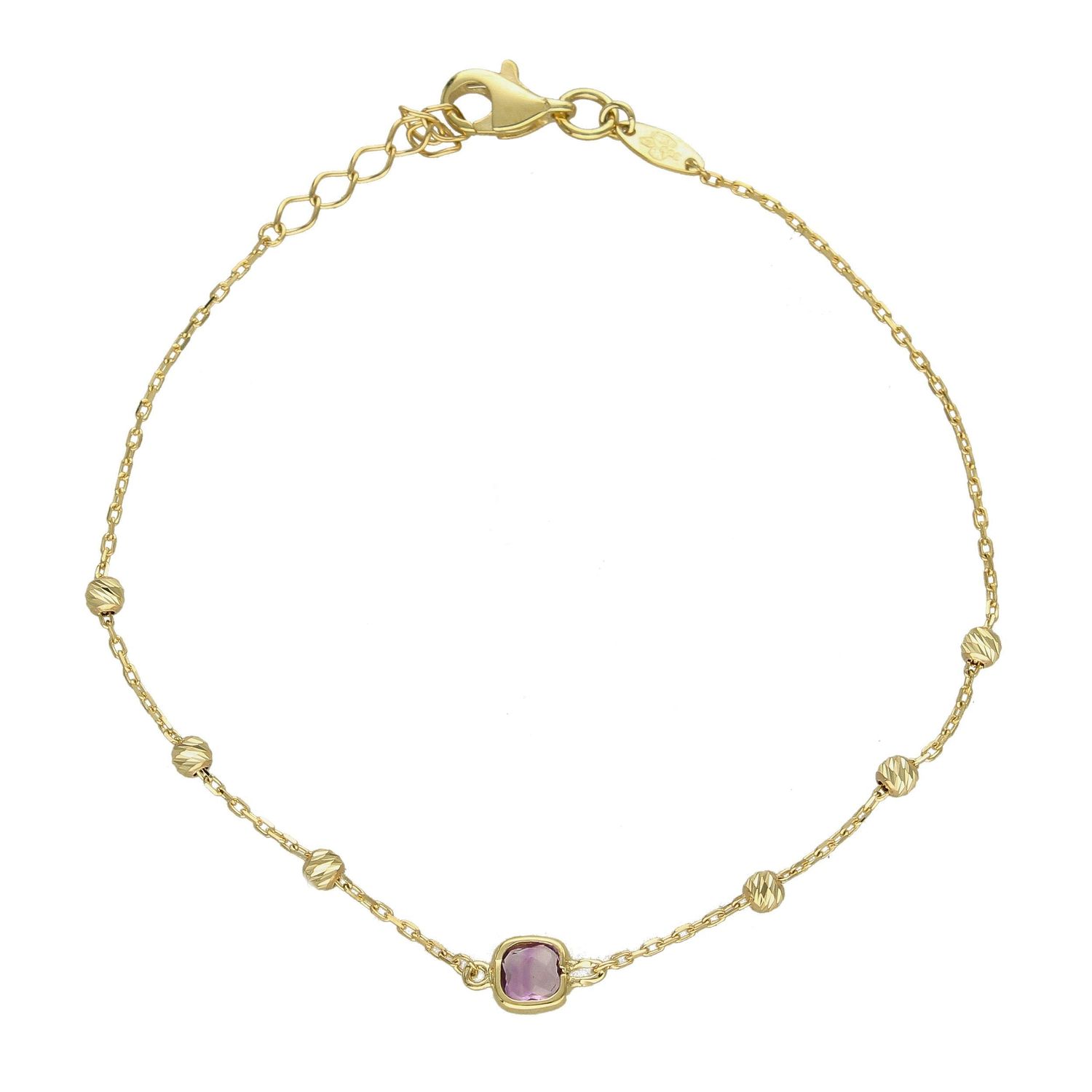 Złota bransoletka celebrytka z fioletowym kamieniem i złotymi kulkami BR 4234.jpg